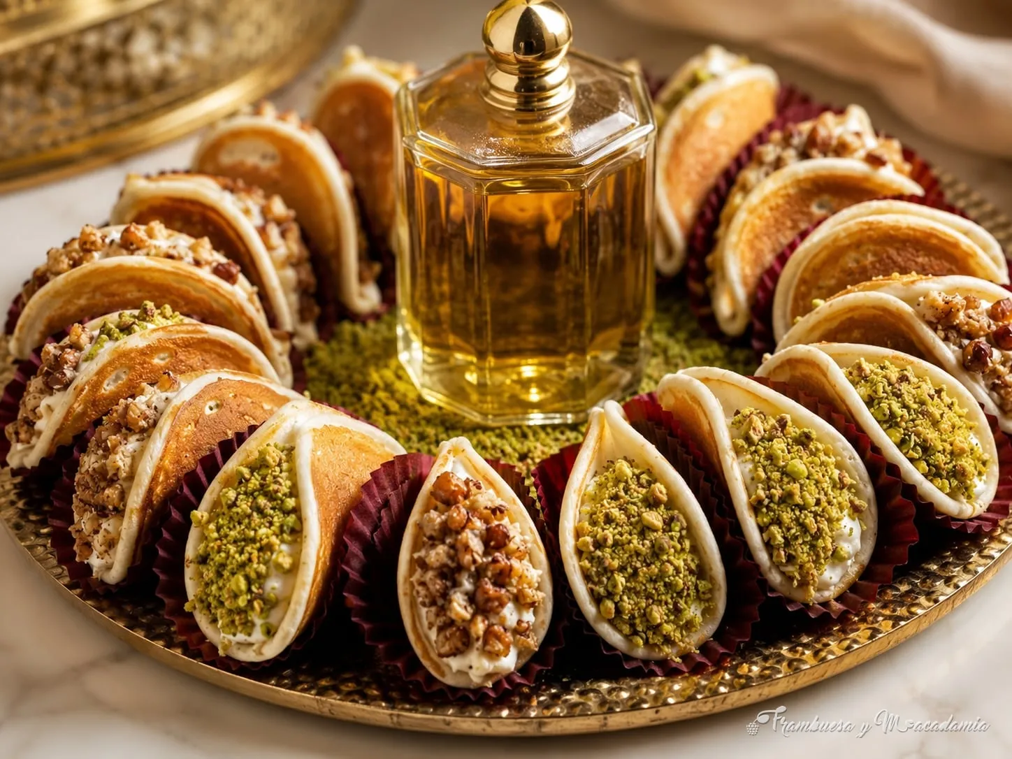Atayef rellenos de pistache y nuez en charola dorada