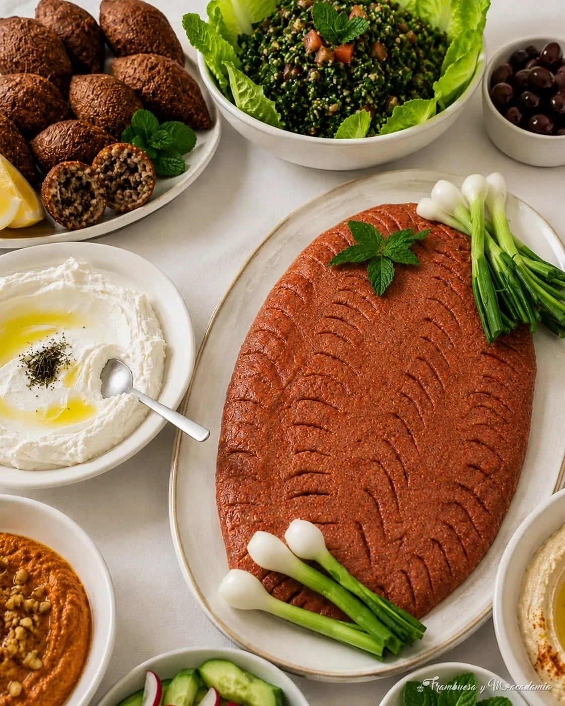 Mezze árabe completo: keppe crudo, labneh, muhammara, keppe bola y falafel hechos en casa