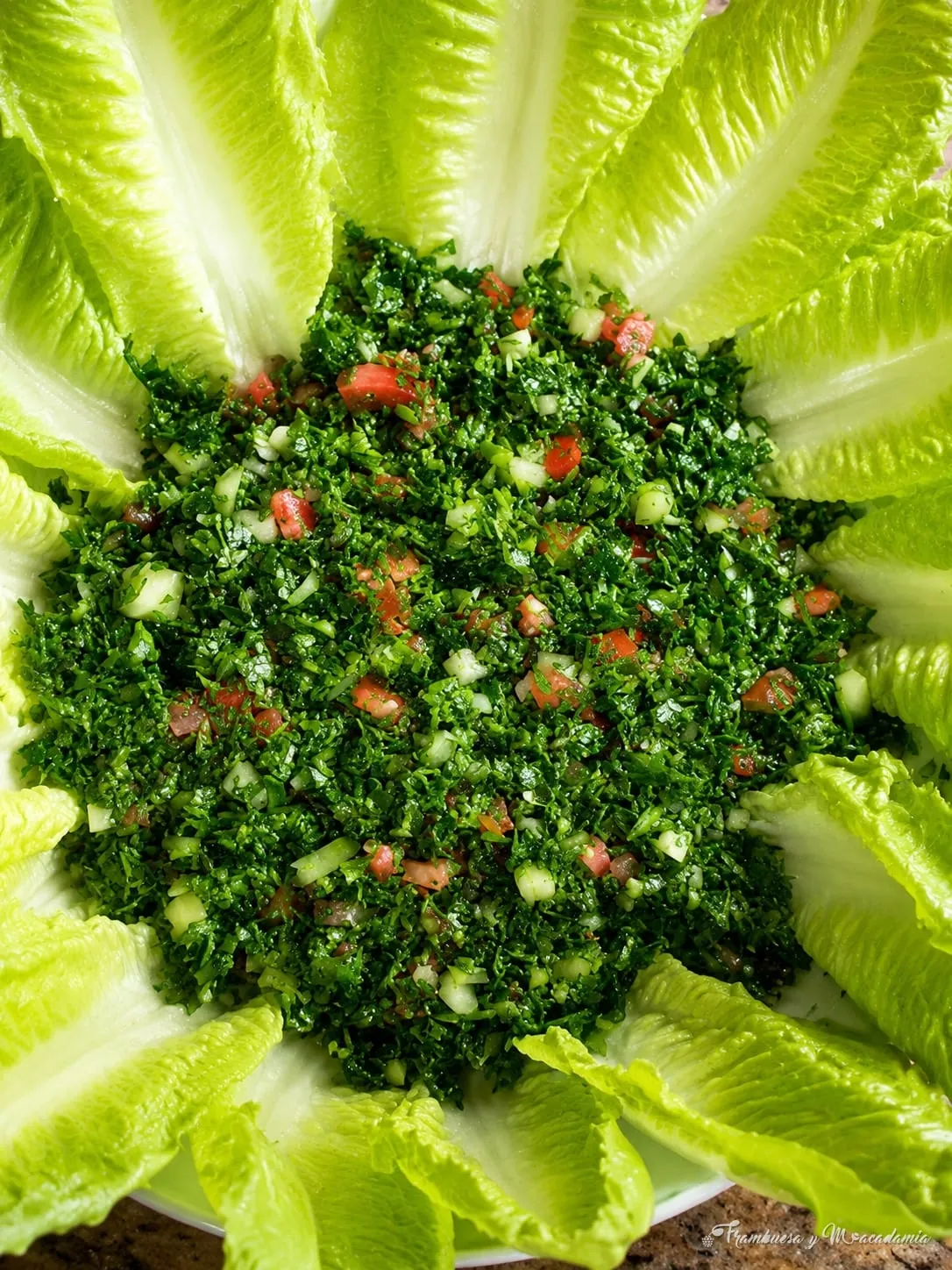 Tabbule de perejil fresco servido sobre hojas de lechuga