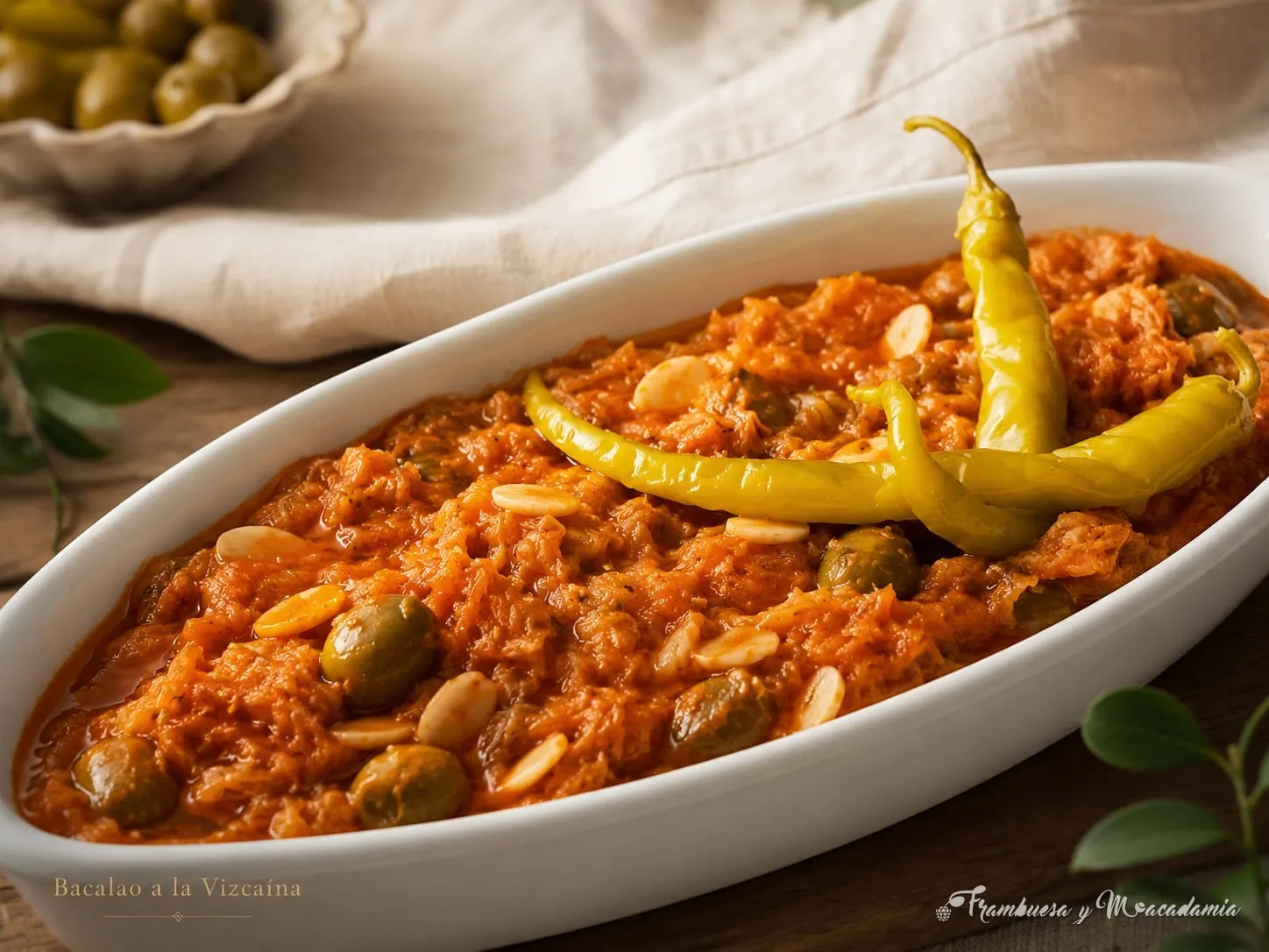 Bacalao a la vizcaína con chiles güeros, aceitunas y almendras — clásico navideño de la casa