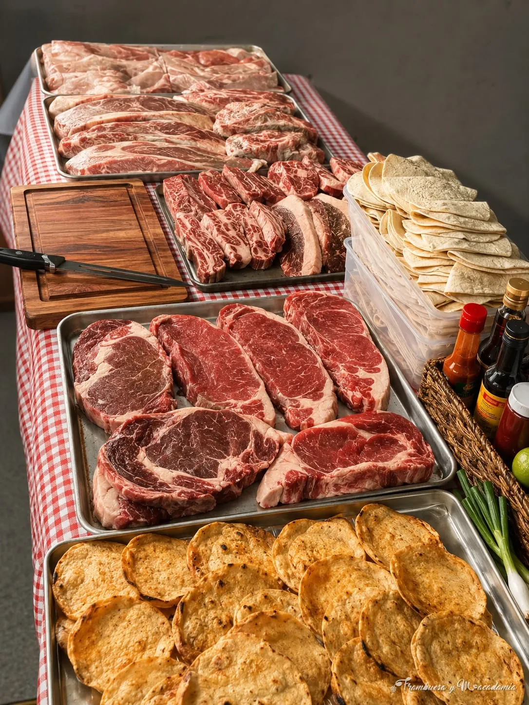Mesa de cortes crudos listos para asar con tortillas y salsas