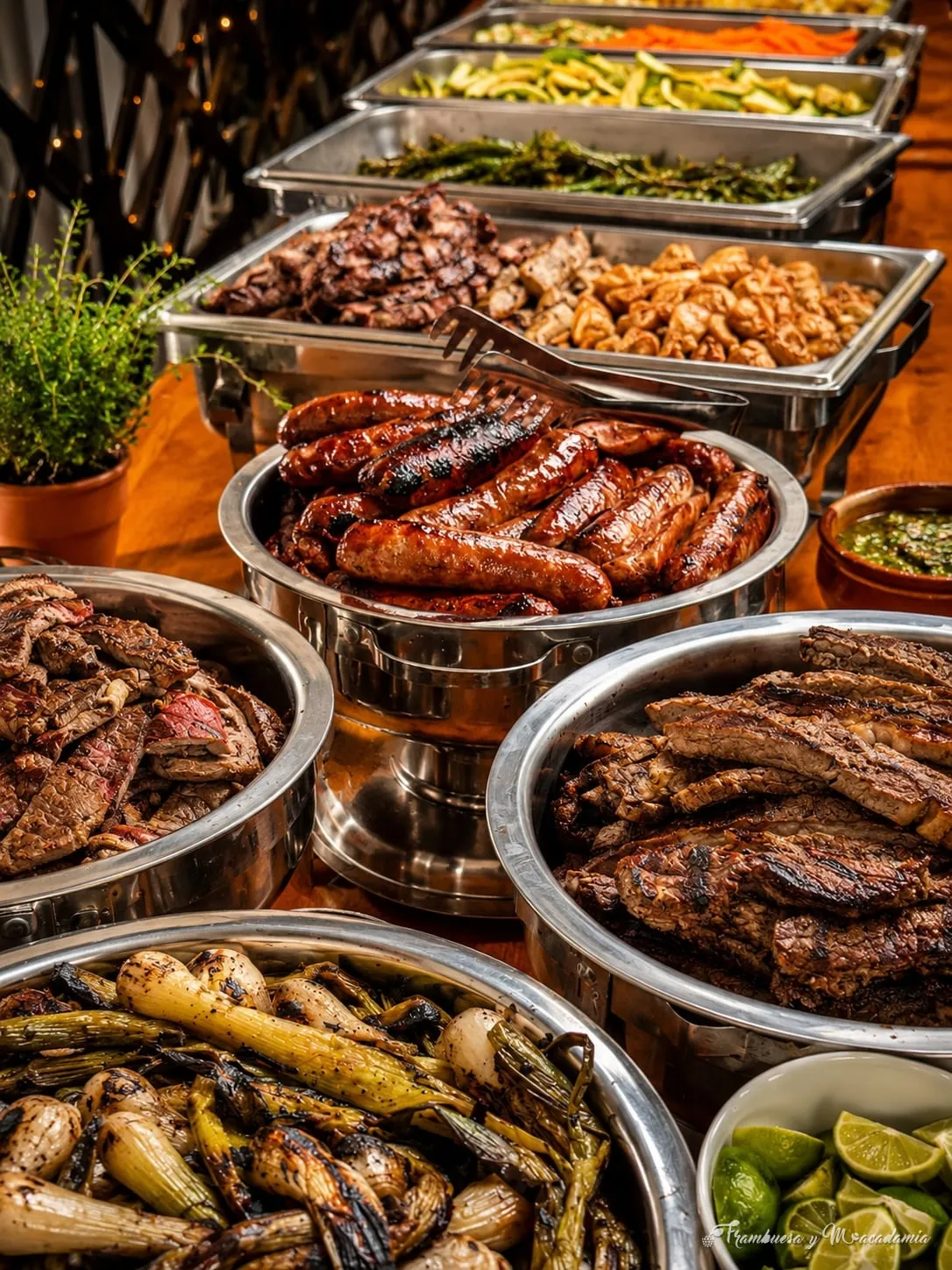 Estación de buffet con chorizos, cortes y guarniciones calientes