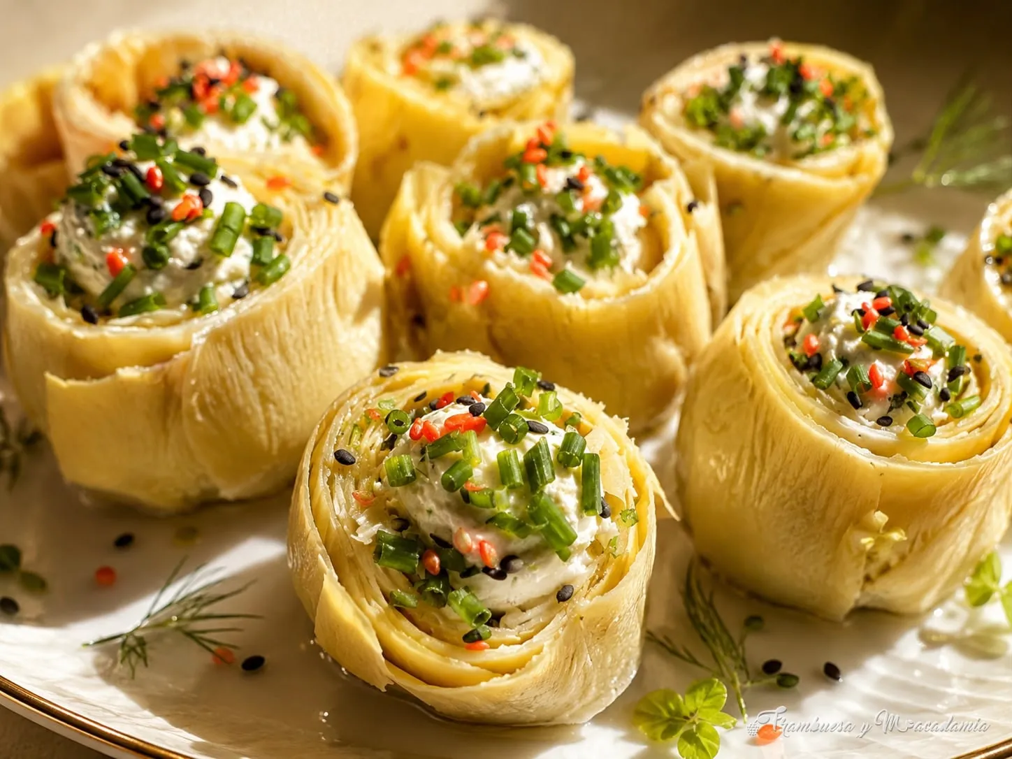 Corazones de alcachofa rellenos de queso crema con cebollín y pimiento