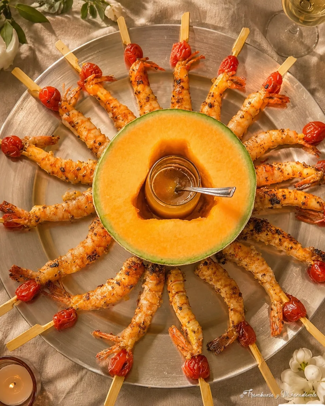 Abanico de camarones al grill alrededor de melón con miel