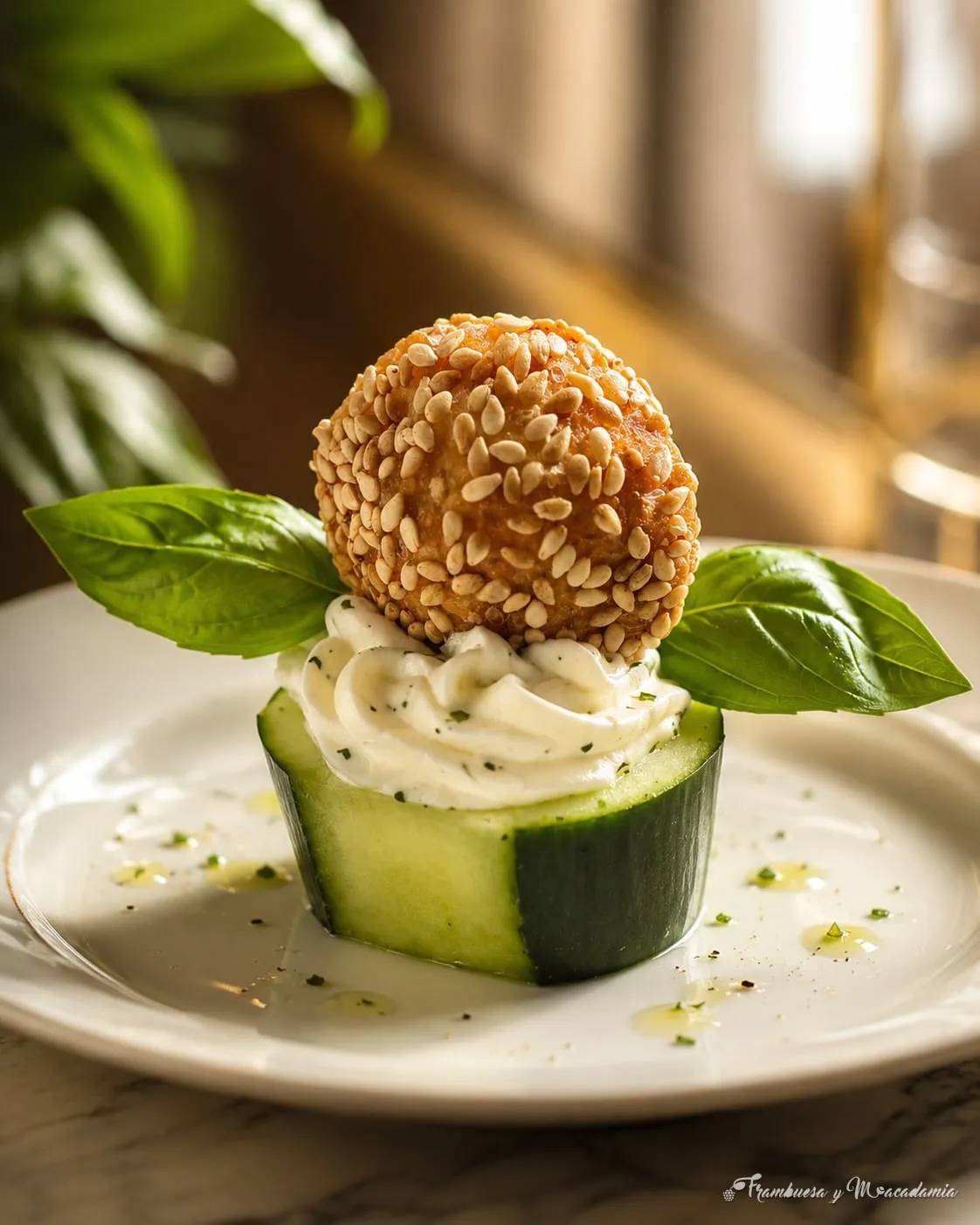Cuenco de pepino con jocoque y esfera crujiente de ajonjolí
