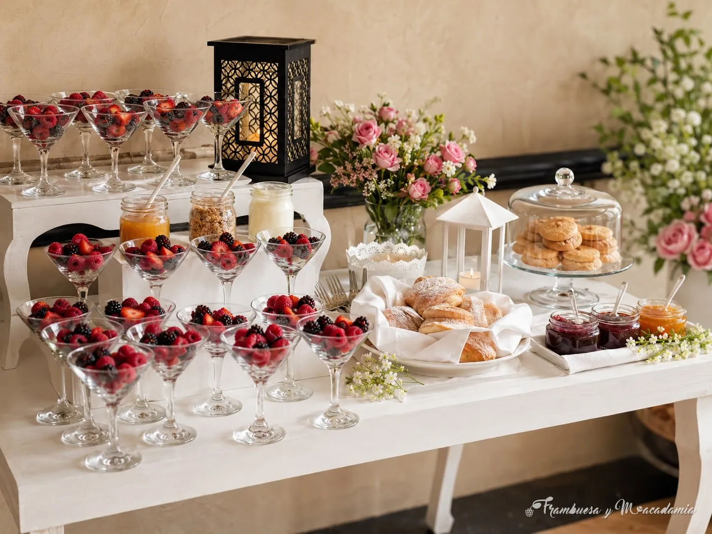 Coffee break elegante en mesa blanca con copas de frutos rojos, panecillos y mermeladas