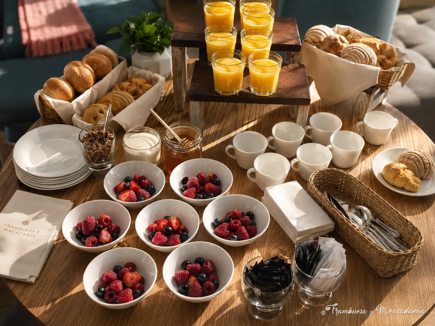 Mesa de coffee break de Frambuesa y Macadamia con frutos rojos, jugos, conchas y café