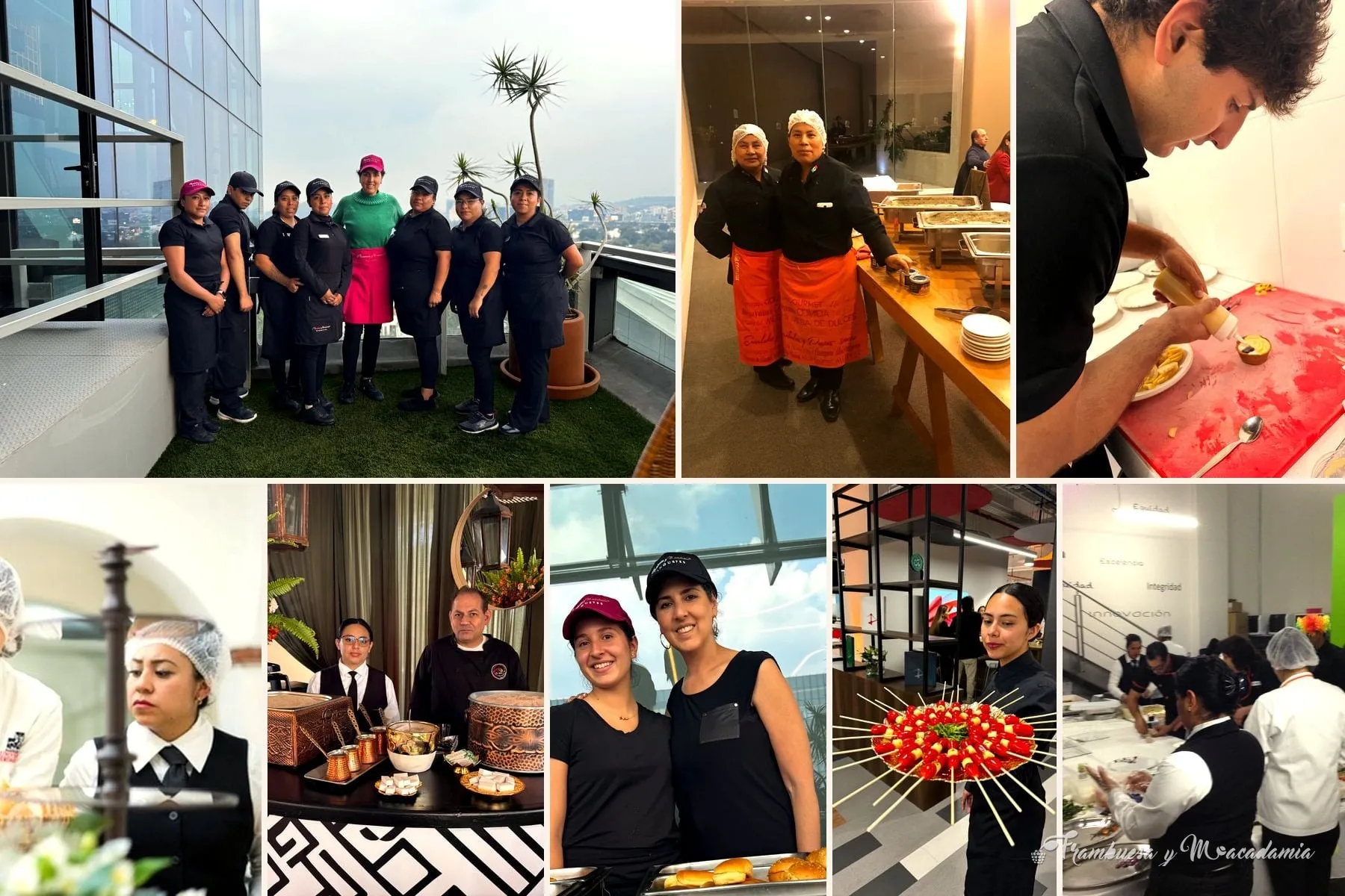 Collage del equipo de Frambuesa y Macadamia trabajando en cocina y eventos