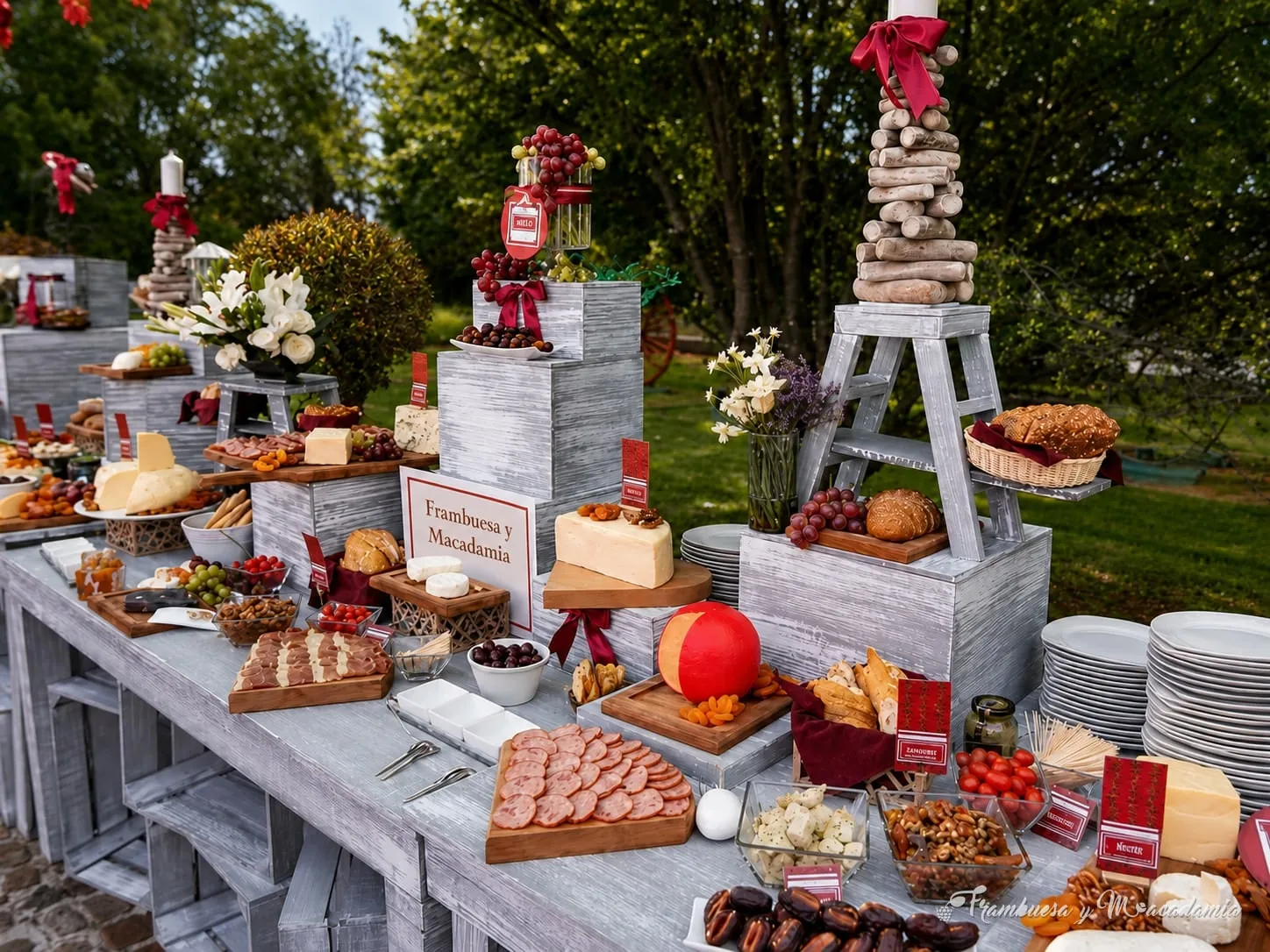 Mesa de quesos rústica con cajas de madera y torre de platos en boda en Cantalagua