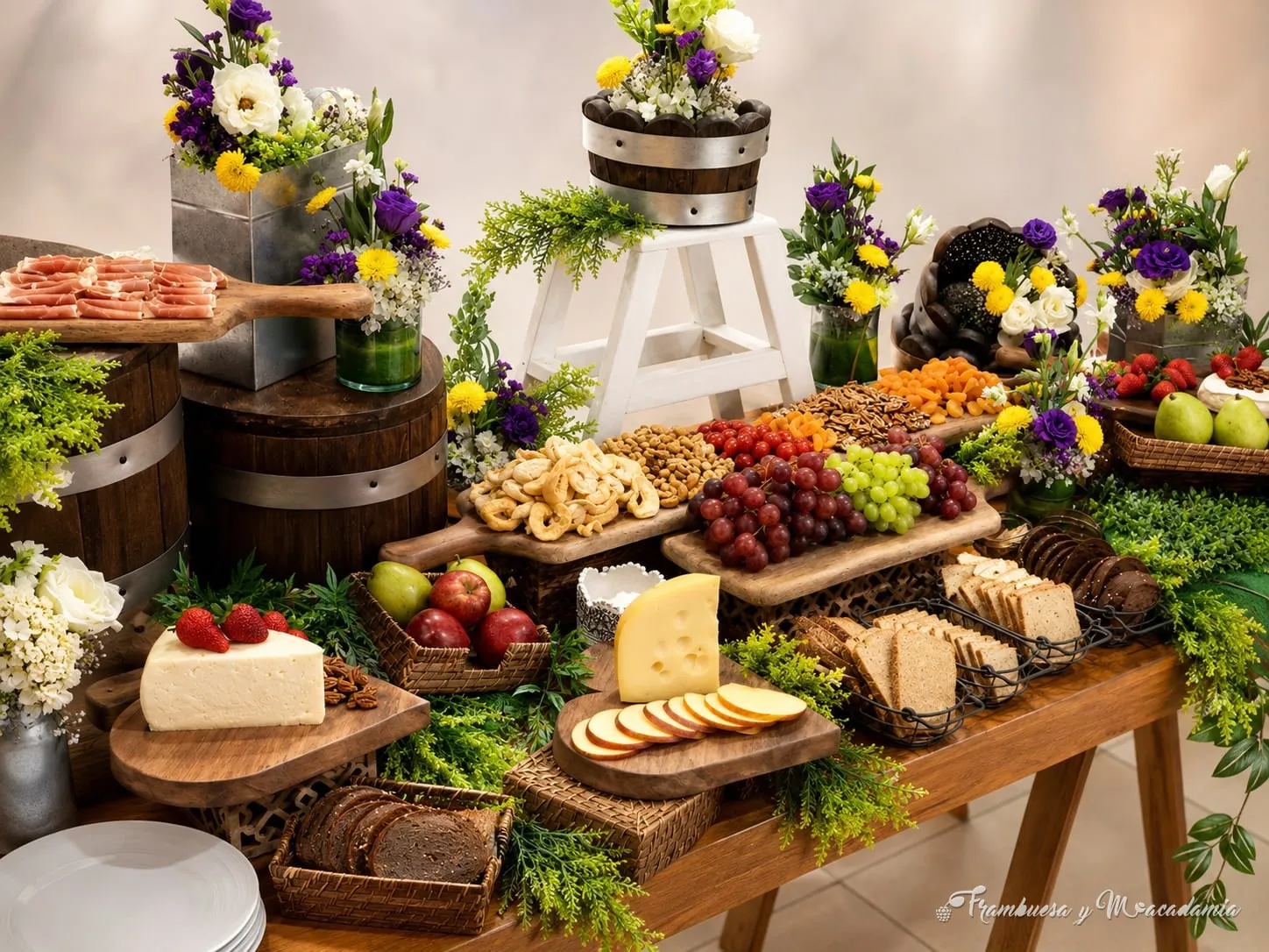Mesa de quesos nocturna con repisas de madera y luces cálidas en boda