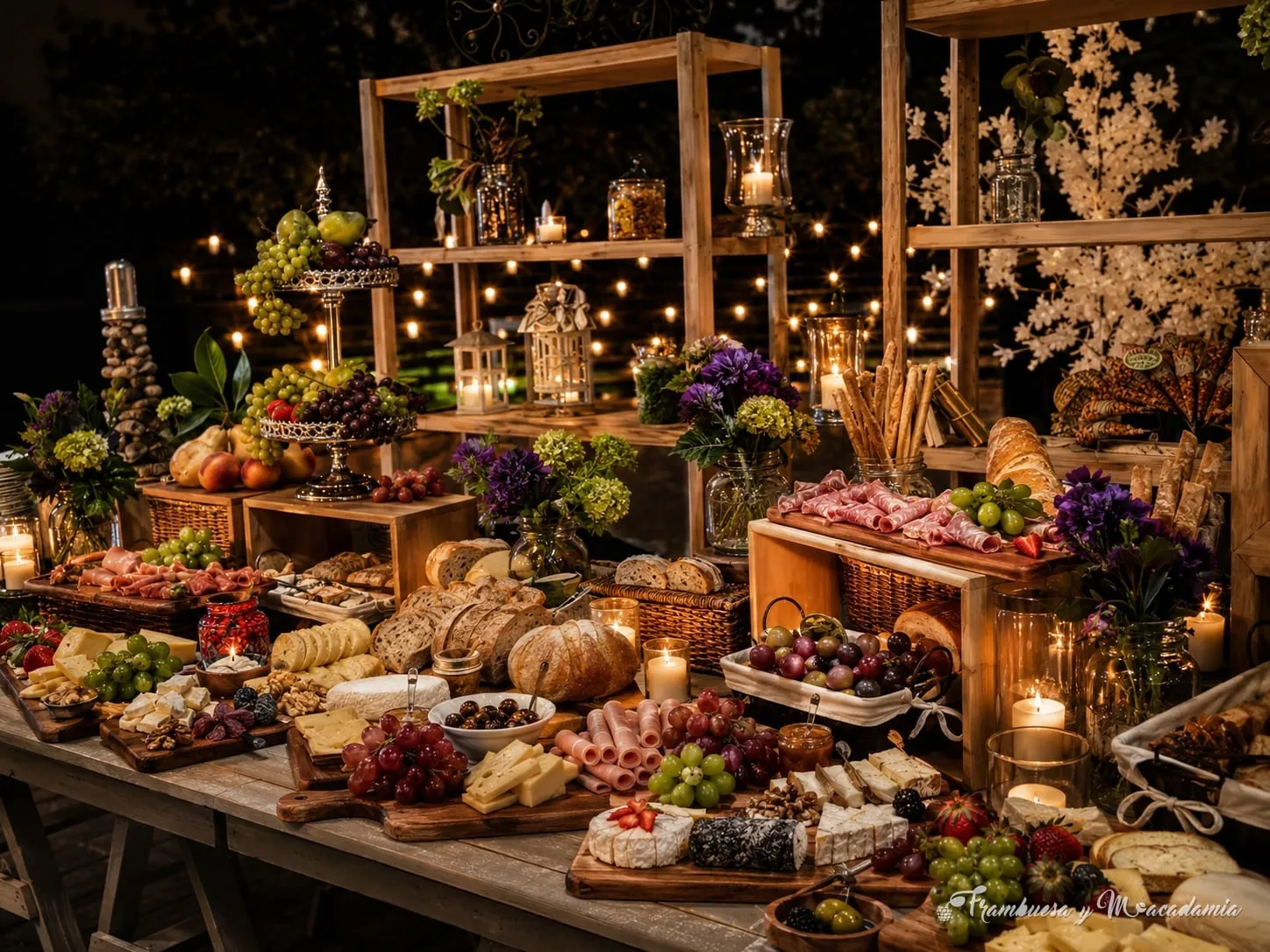 Mesa de quesos y carnes frías con flores en salón Versal