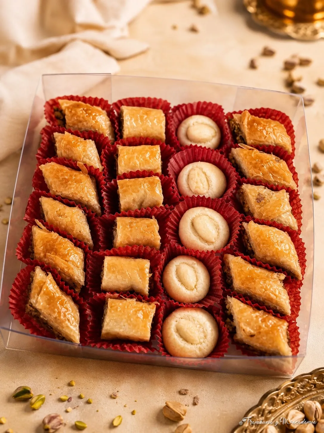 Charola cuadrada de dulce árabe mini: baklava y graybe de almendra