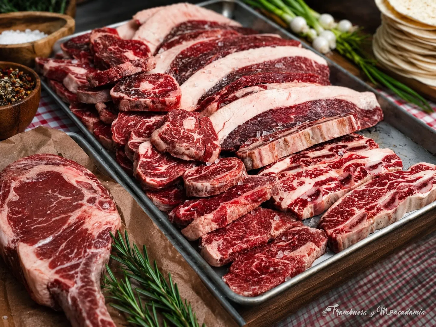 Cortes selectos crudos con romero: rib eye, picaña y arrachera