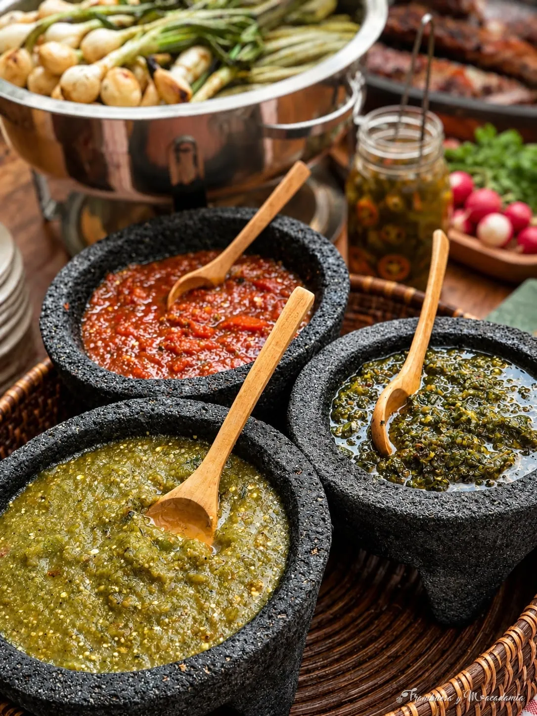 Salsas roja, verde y de chile de árbol en molcajetes de piedra
