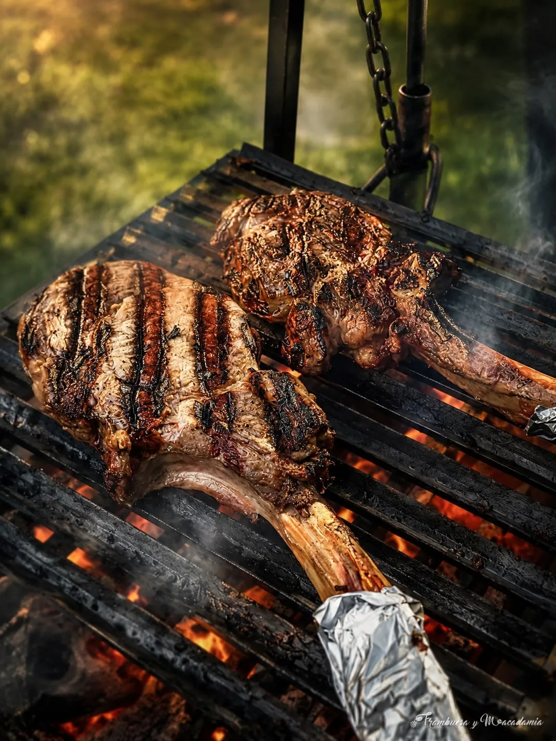 Corte tomahawk humeando sobre la parrilla