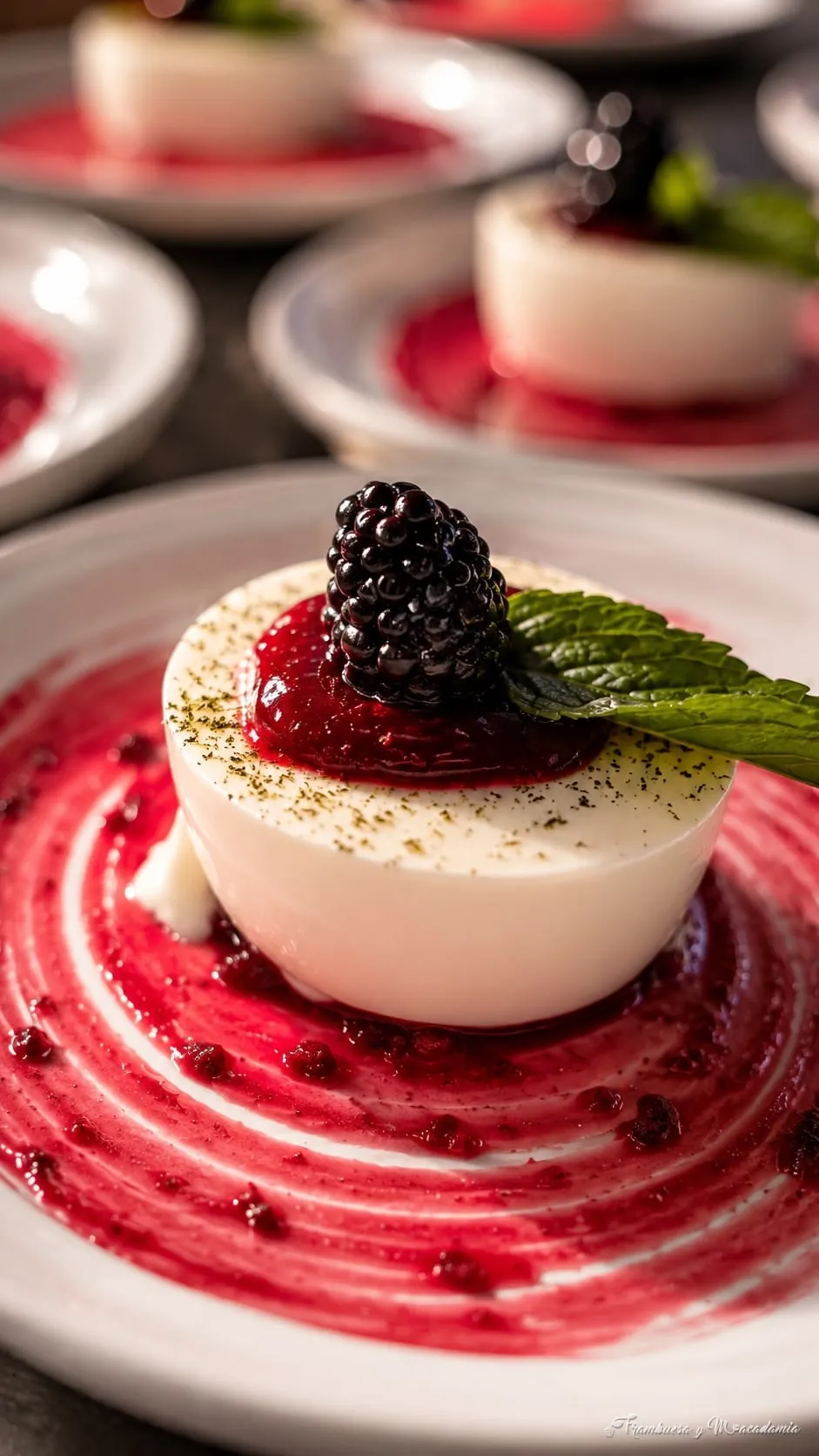 Panna cotta con zarzamora y coulis de frutos rojos, postre individual