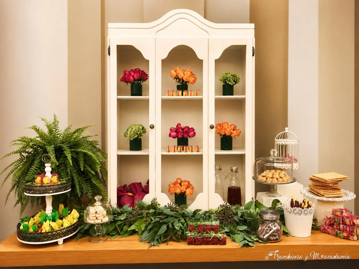 Mesa de postres con mueble blanco, flores y estaciones de dulces