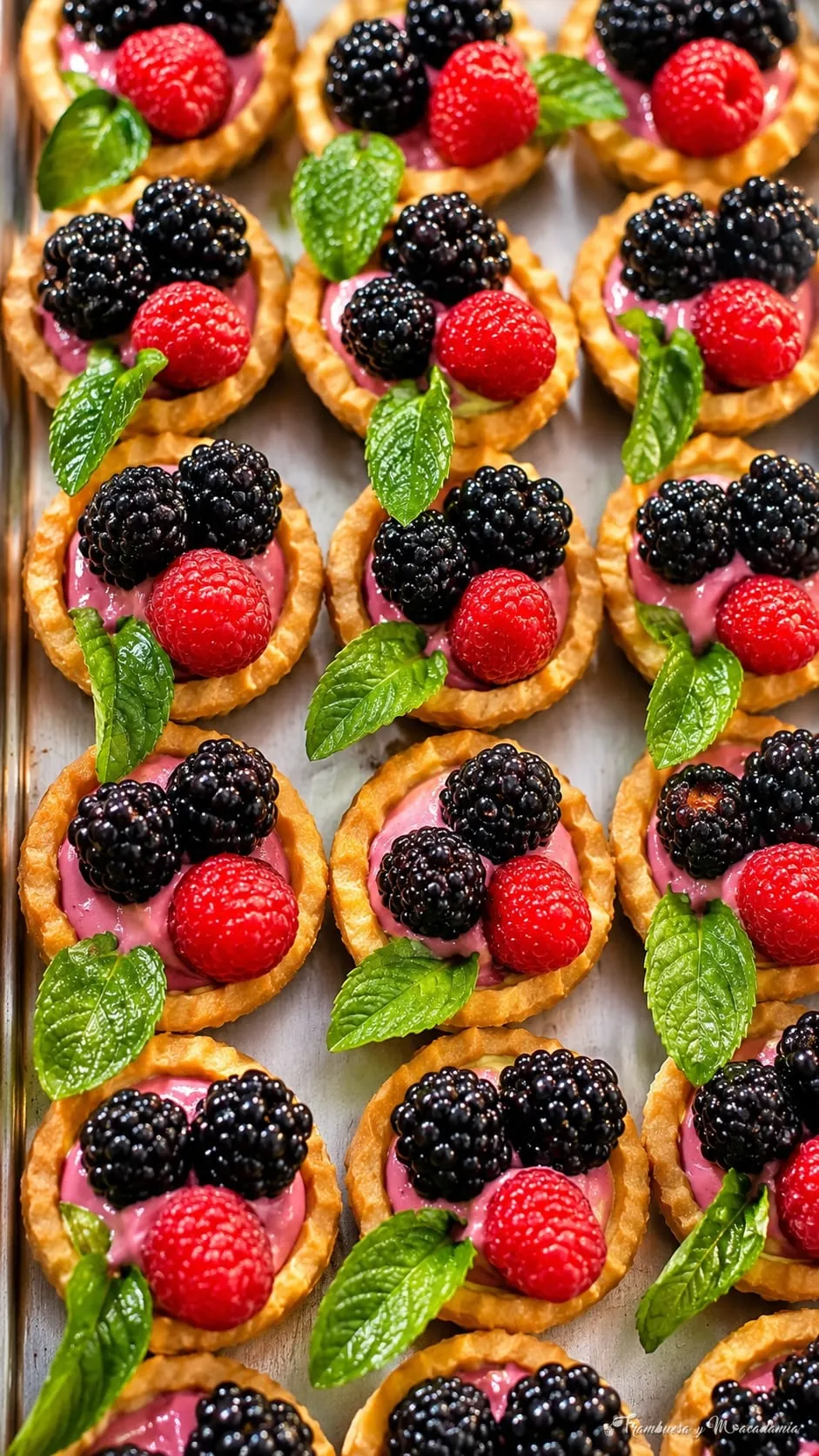 Tartaletas de crema rosa con zarzamoras, frambuesas y menta