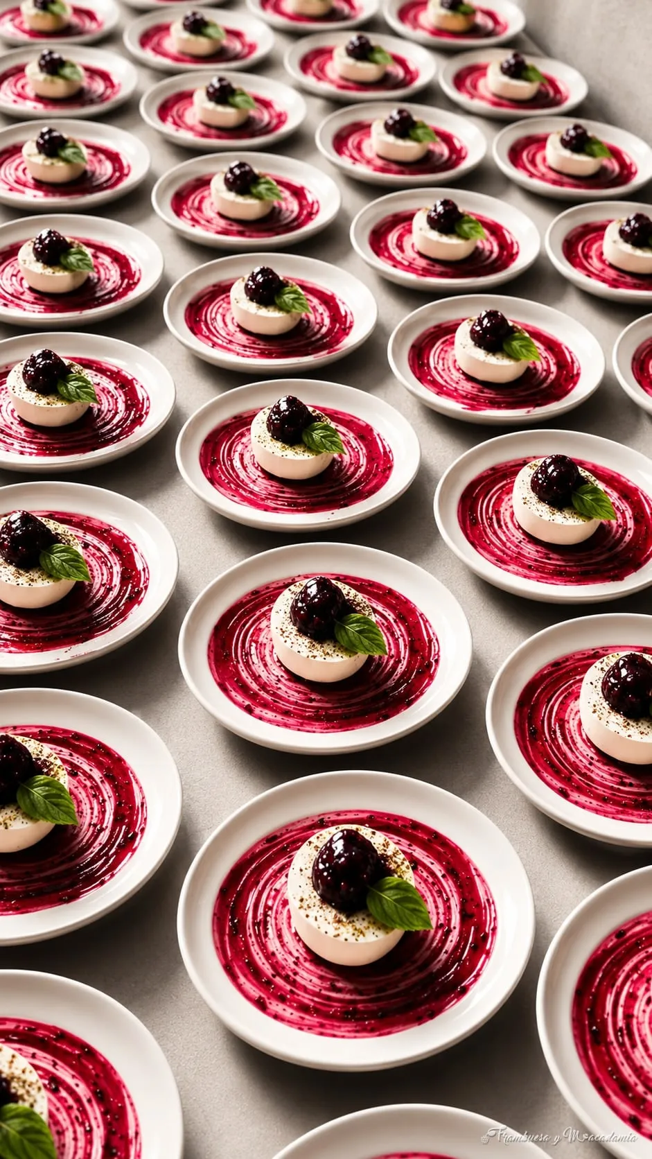 Postres de panna cotta con coulis de guayaba y zarzamora emplatados en serie